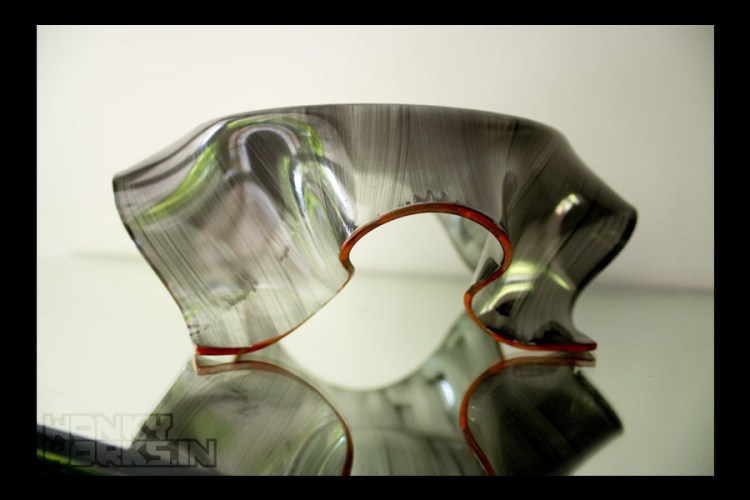 Kiln-formed glass sheet vessel. Black and Red Glass Enamels on slumped sheet glass, formed at 700°C . INR 2000